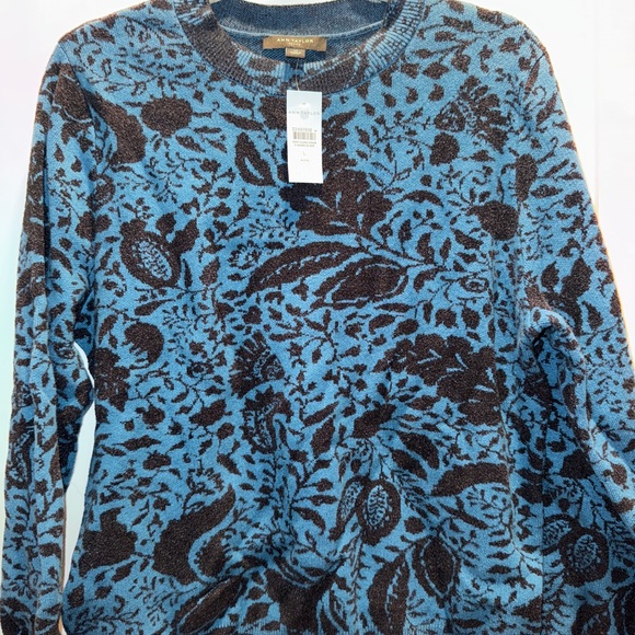 NWT Ann Taylor Floral Jacquard Easy Crew Neck Blue Sweater L - Picture 3 of 5